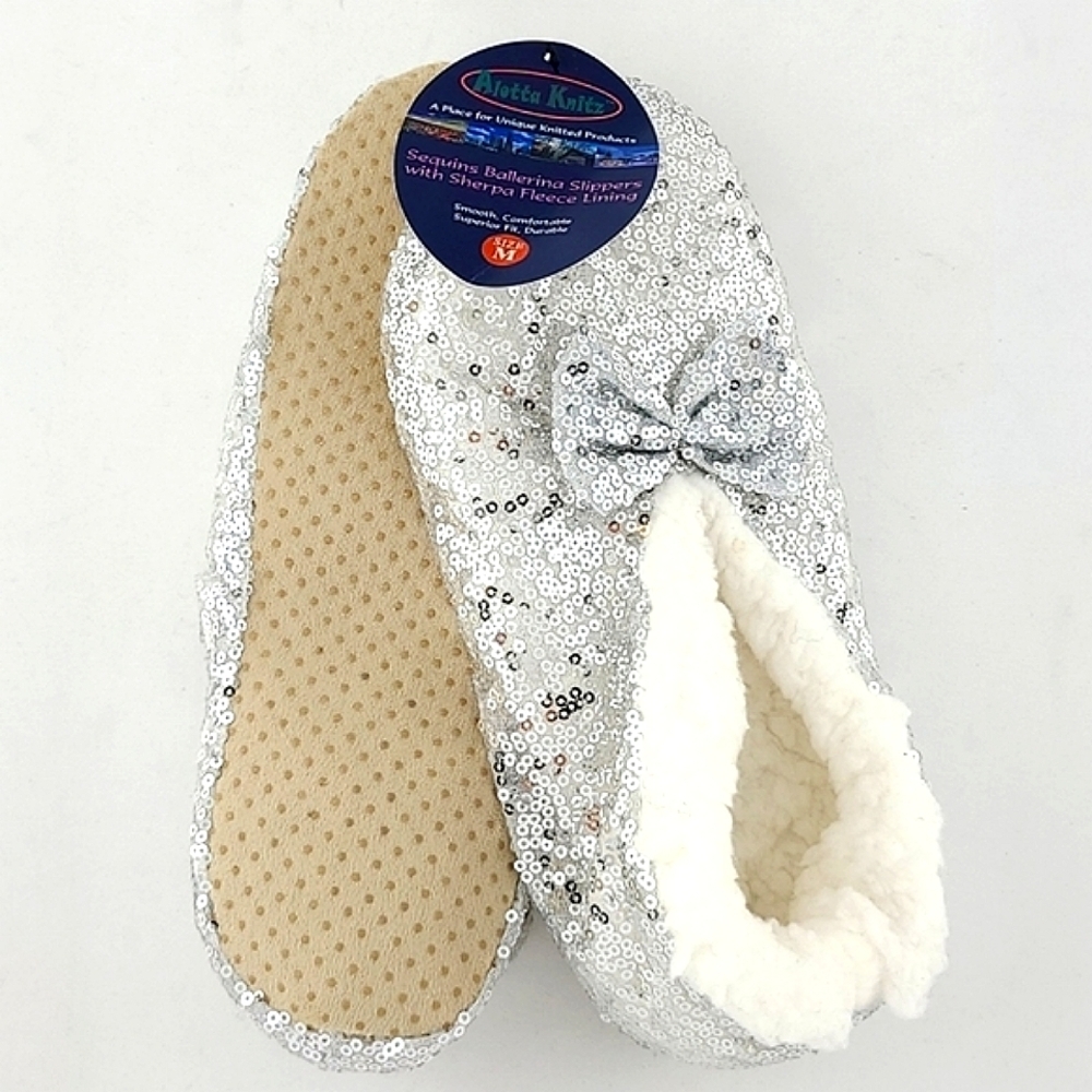 NWT Alotta Knitts Women's Silver Sequins Ballerina Slippers Sherpa M